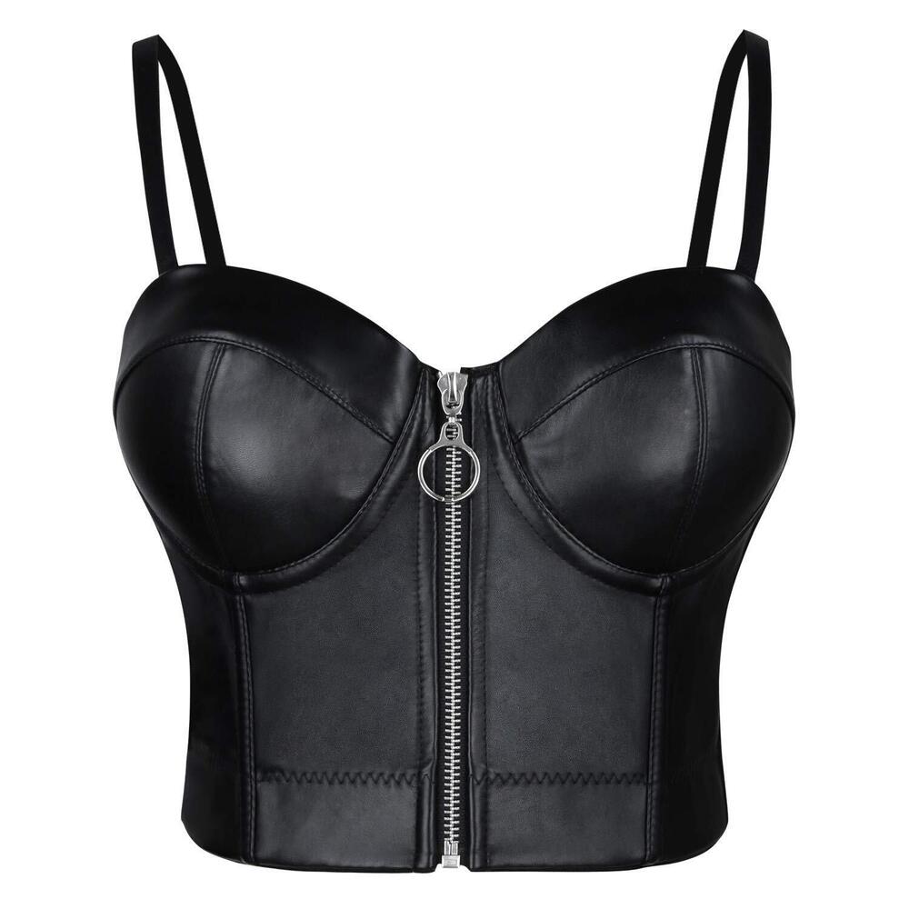 8847 Spaghetti Straps Gothic PU Leather Corset Bustier Front Zipper Crop